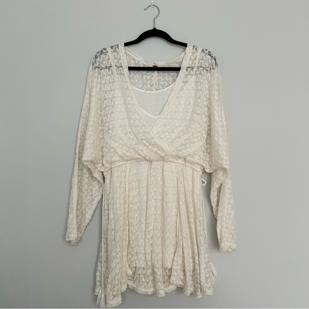 Free People Cream Lace Crochet V Neck Long Sleeve Mini Dress Size Medium